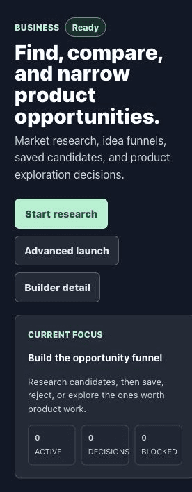 PromptToProd business view — opportunity funnel with focus, decisions, and stats
