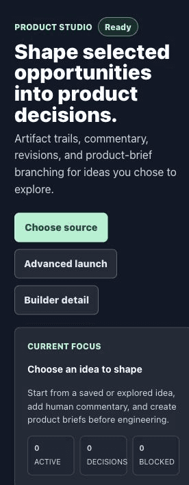PromptToProd product studio — opportunity-to-product workflow with human review